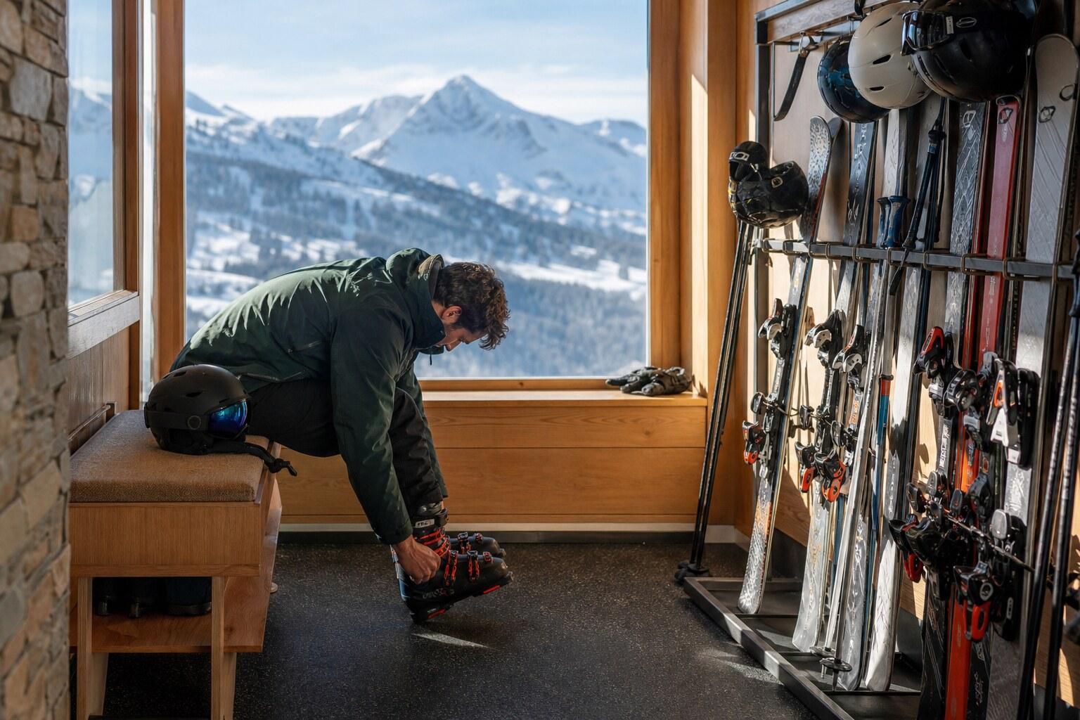 Skier fastening boots in a hotel ski room overlooking snowy Pyrenees
