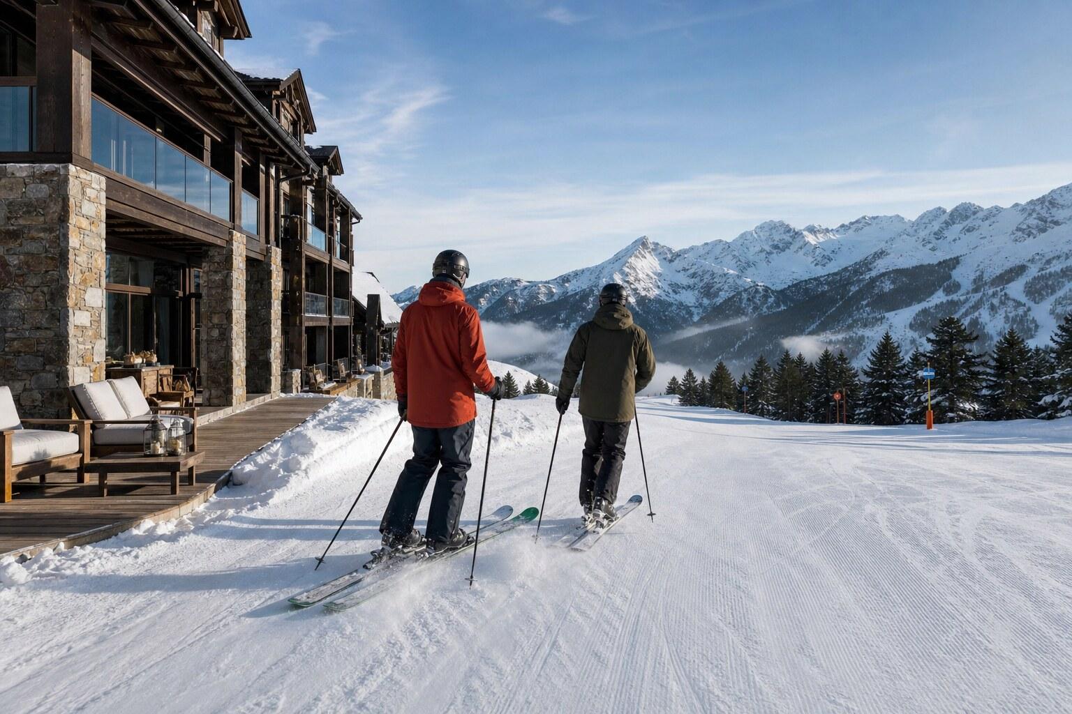 Two skiers leaving a slopeside Baqueira hotel onto a groomed piste