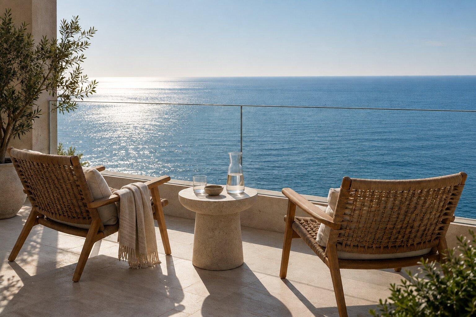 Illustration of a hotel terrace with two chairs and an open sea view