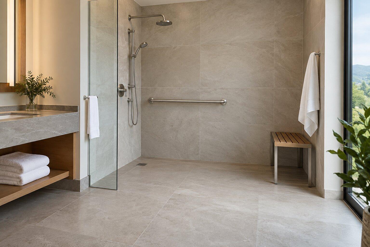 Illustration of a step-free hotel shower with a bench and grab rail