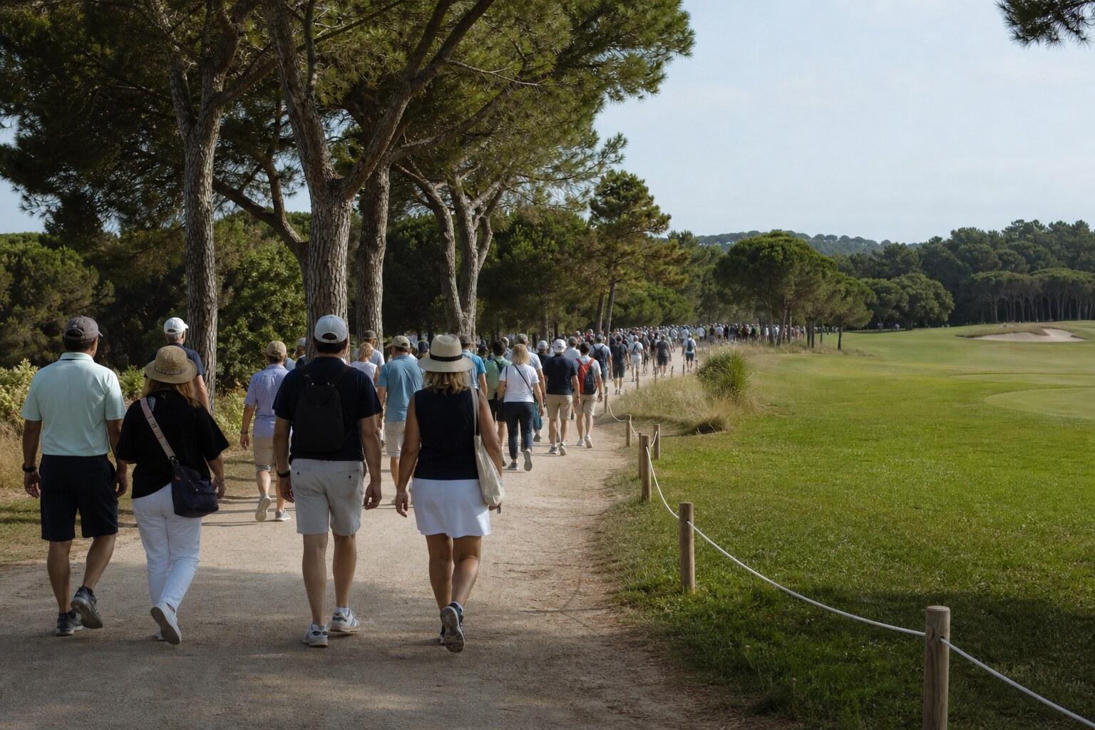 Golf spectators walking on a shaded path at Camiral