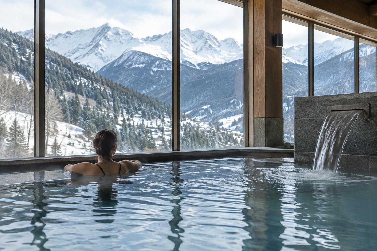 Quiet indoor spa pool facing a snowy mountain landscape