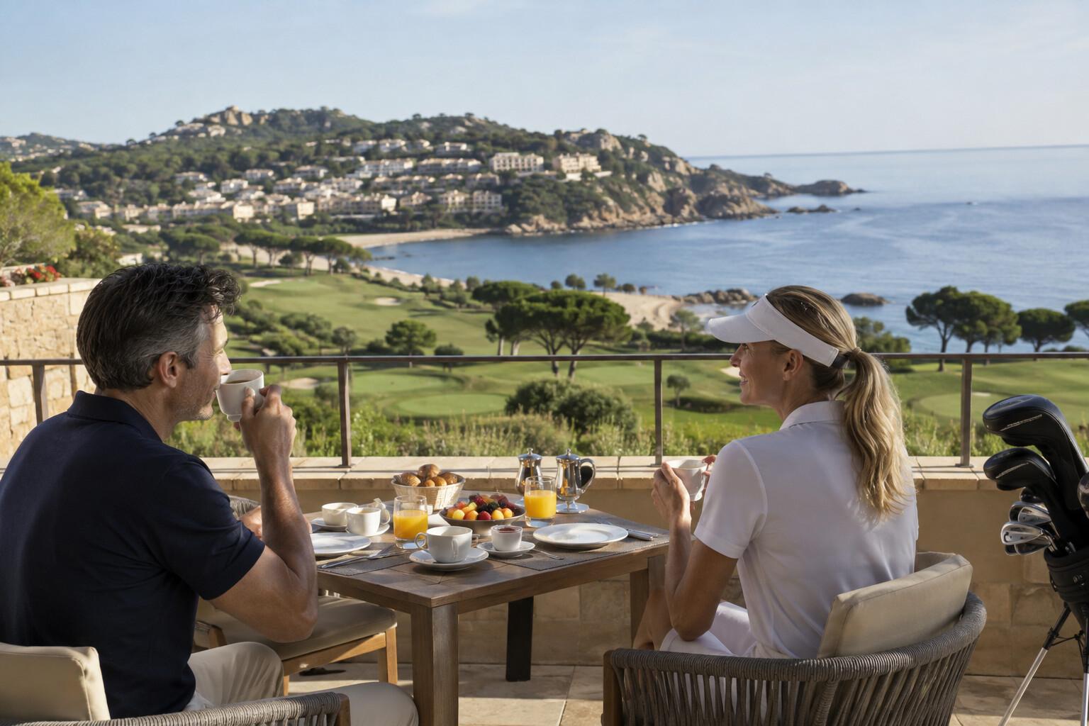 Couple having breakfast on a coastal hotel terrace before golf
