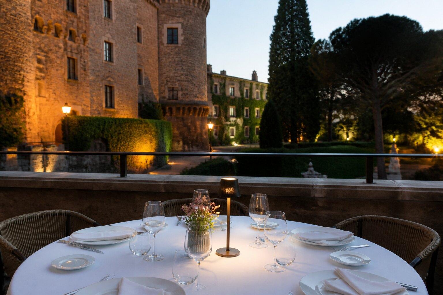 Elegant restaurant table set for dinner at Peralada