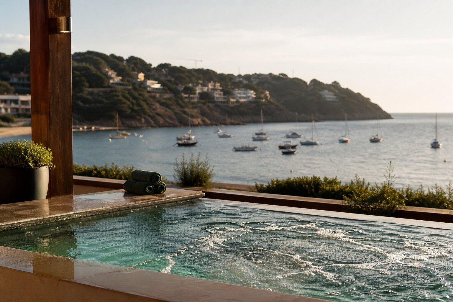 Spa pool looking over moored boats in Sant Pol bay