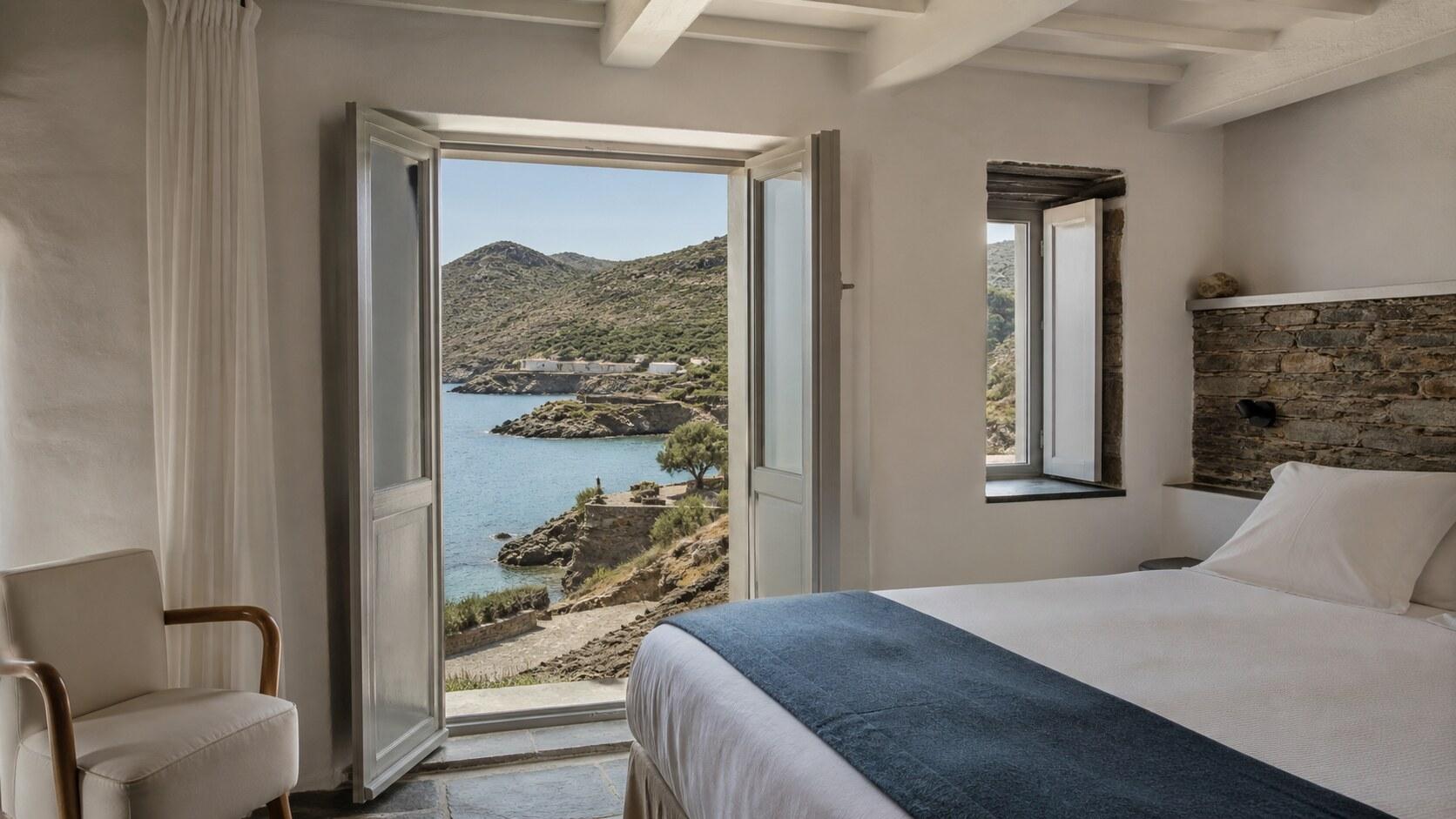 Boutique hotel room overlooking a Portlligat cove