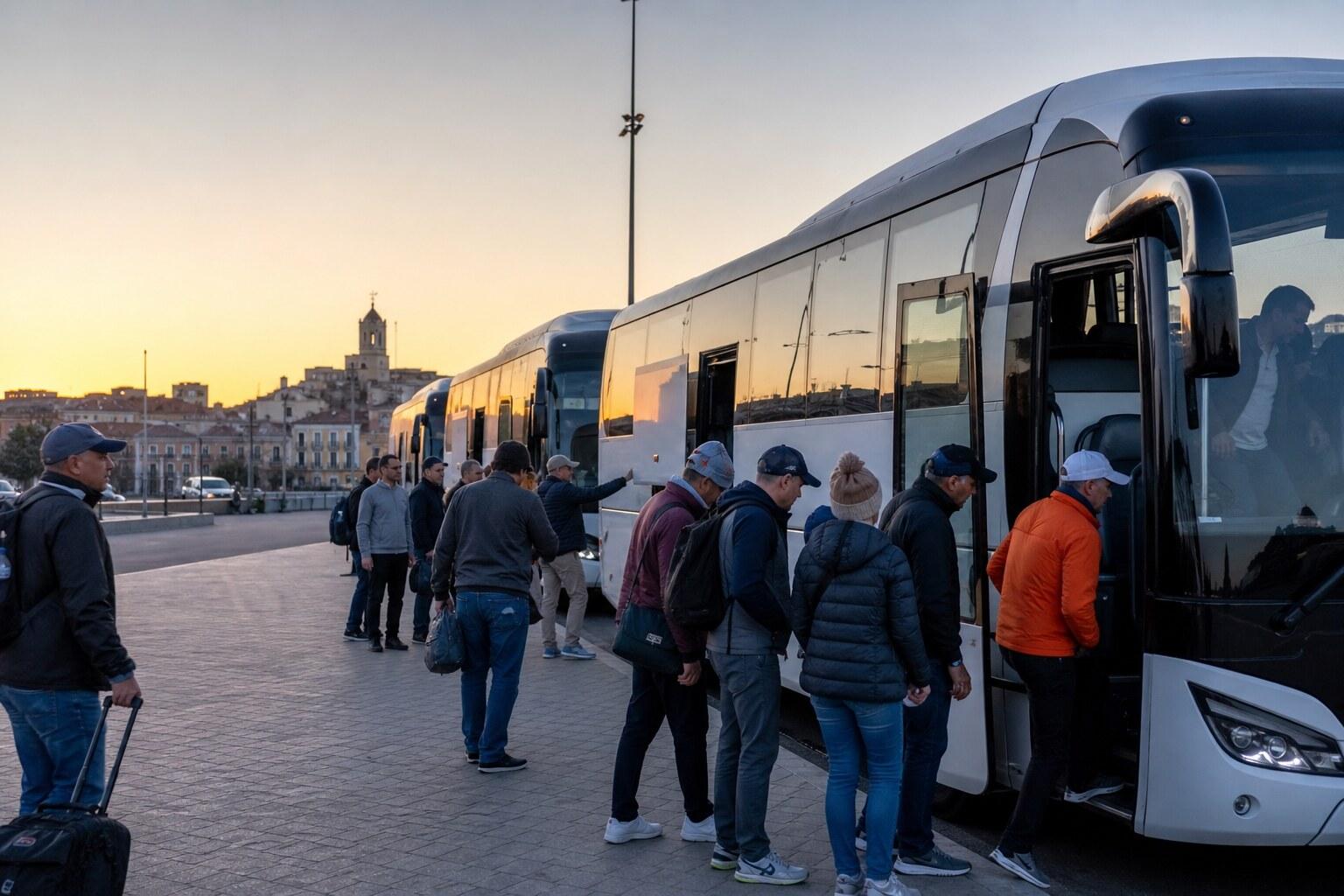 Golf spectators boarding event coaches near Girona at dawn