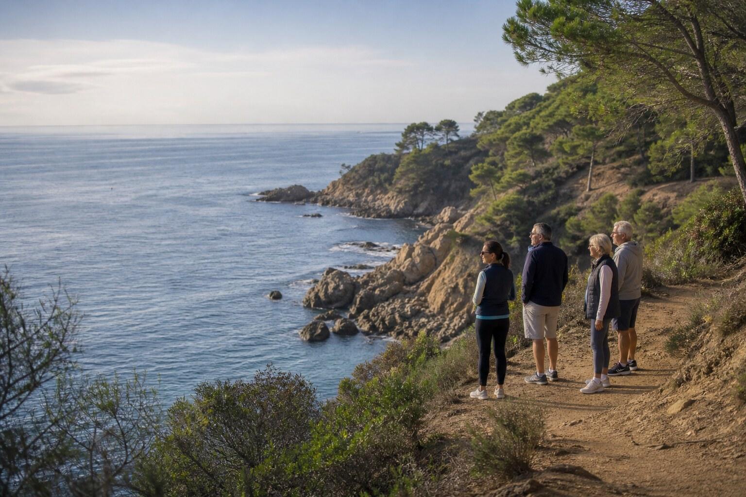 Couples walking a quiet Costa Brava coastal path after a golf event