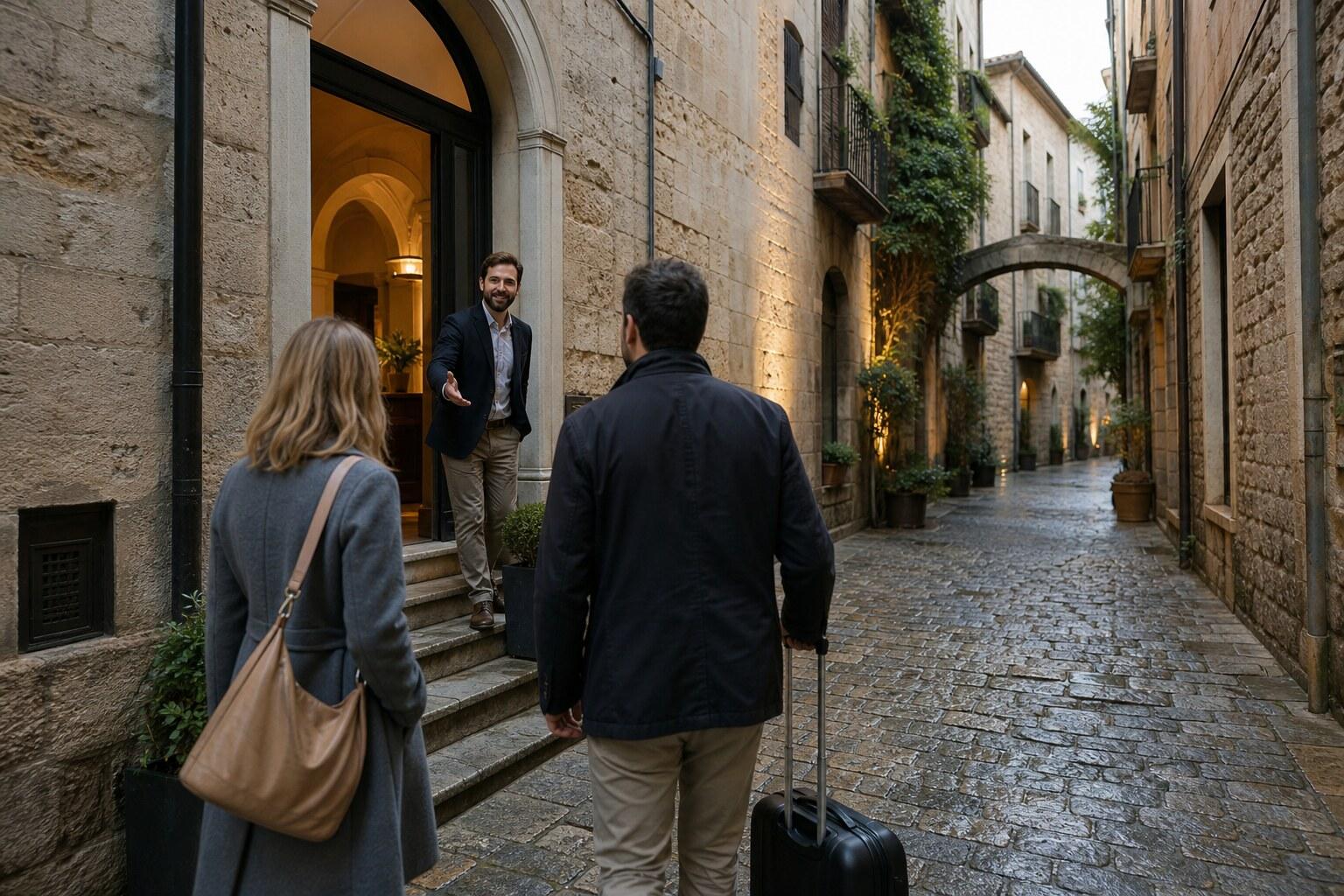 Couple walking through Girona’s old town after a guided visit