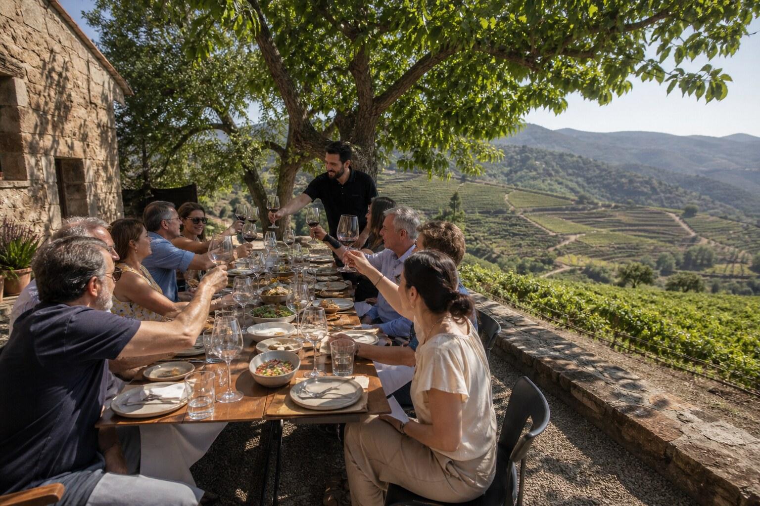 Guests eating an outdoor winery lunch among Priorat vines